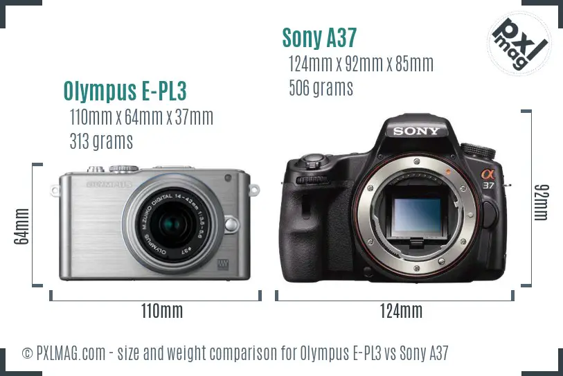 Olympus E-PL3 vs Sony A37 size comparison Olympus E-PL3 vs Sony A37 size comparison