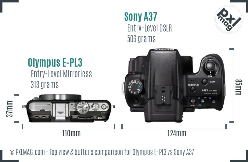 Olympus E-PL3 vs Sony A37 top view buttons comparison Olympus E-PL3 vs Sony A37 top view buttons comparison
