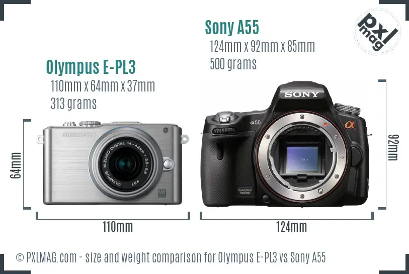Olympus E-PL3 vs Sony A55 size comparison Olympus E-PL3 vs Sony A55 size comparison