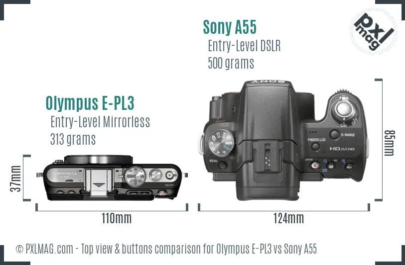 Olympus E-PL3 vs Sony A55 top view buttons comparison Olympus E-PL3 vs Sony A55 top view buttons comparison