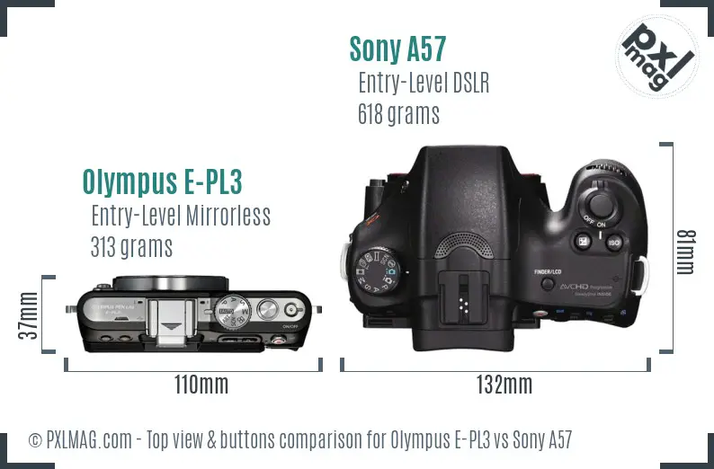 Olympus E-PL3 vs Sony A57 top view buttons comparison