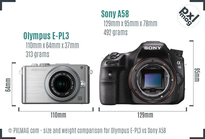 Olympus E-PL3 vs Sony A58 size comparison