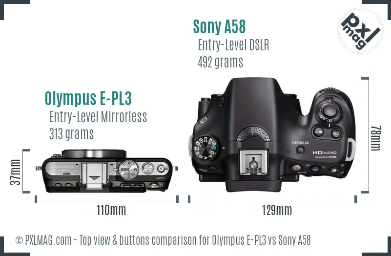 Olympus E-PL3 vs Sony A58 top view buttons comparison