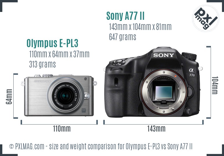 Olympus E-PL3 vs Sony A77 II size comparison