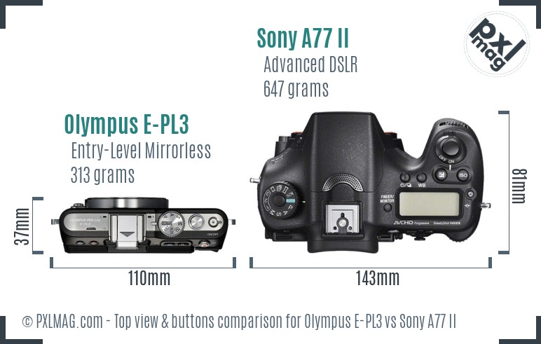 Olympus E-PL3 vs Sony A77 II top view buttons comparison