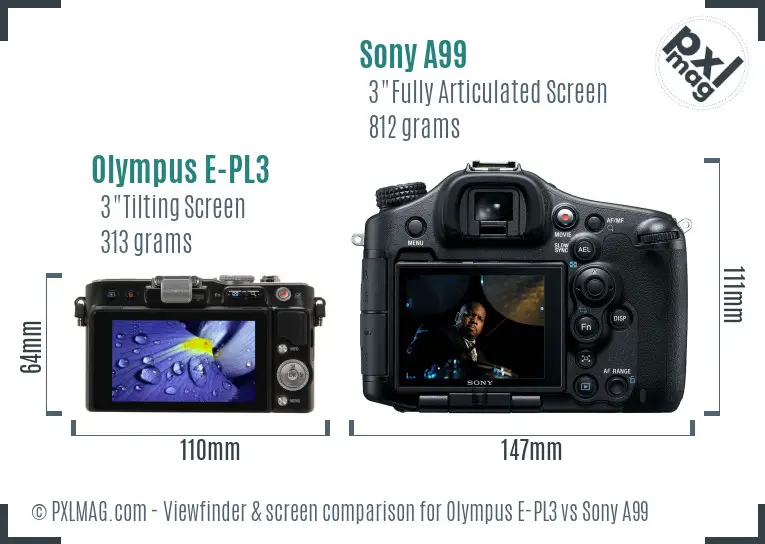 Olympus E-PL3 vs Sony A99 Screen and Viewfinder comparison