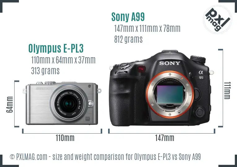 Olympus E-PL3 vs Sony A99 size comparison