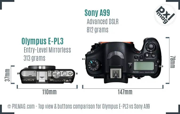 Olympus E-PL3 vs Sony A99 top view buttons comparison