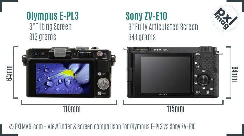 Olympus E-PL3 vs Sony ZV-E10 Screen and Viewfinder comparison