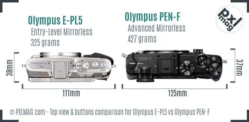 Olympus E-PL5 vs Olympus PEN-F top view buttons comparison