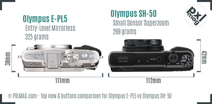 Olympus E-PL5 vs Olympus SH-50 top view buttons comparison