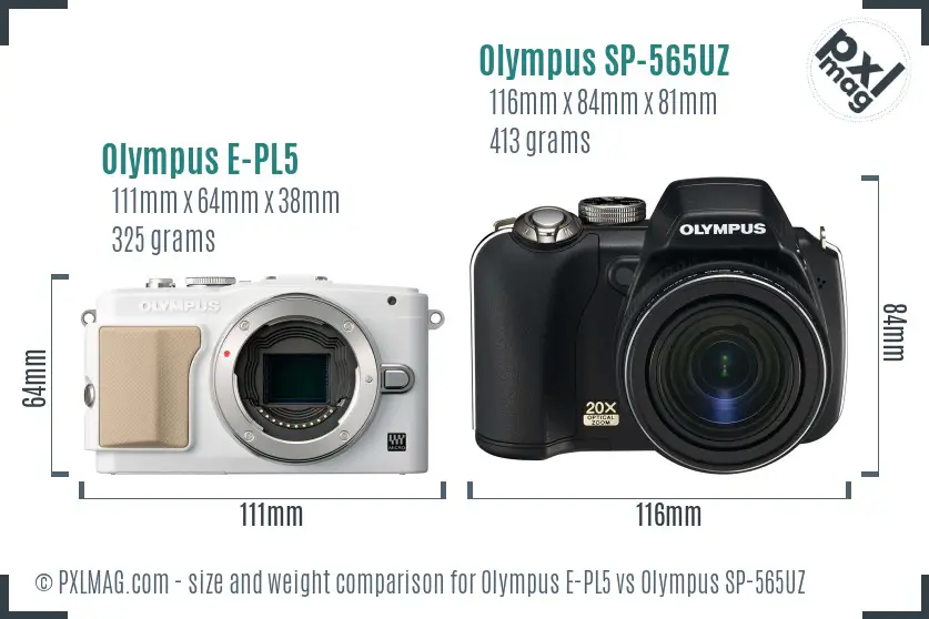 Olympus E-PL5 vs Olympus SP-565UZ size comparison