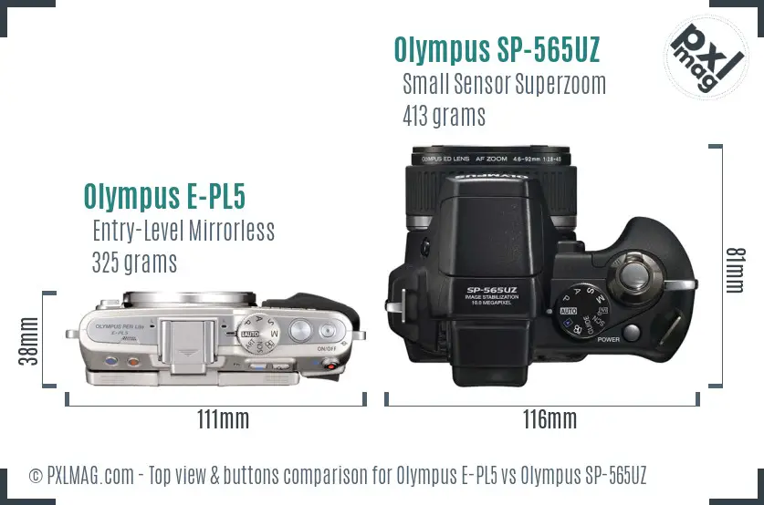 Olympus E-PL5 vs Olympus SP-565UZ top view buttons comparison