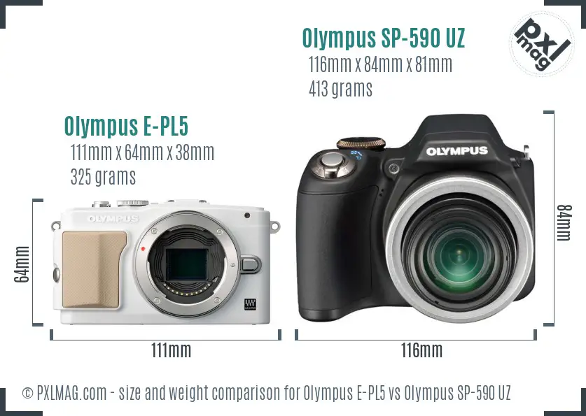 Olympus E-PL5 vs Olympus SP-590 UZ size comparison