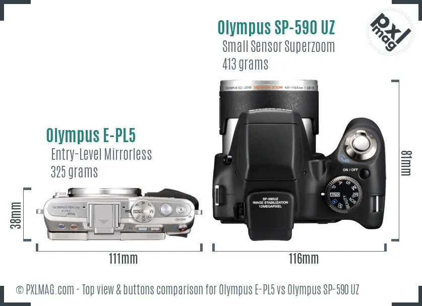 Olympus E-PL5 vs Olympus SP-590 UZ top view buttons comparison