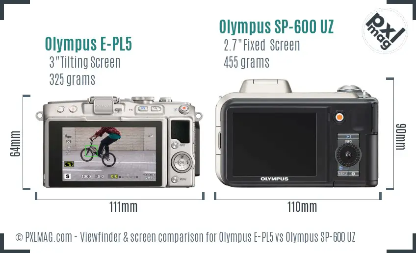 Olympus E-PL5 vs Olympus SP-600 UZ Screen and Viewfinder comparison