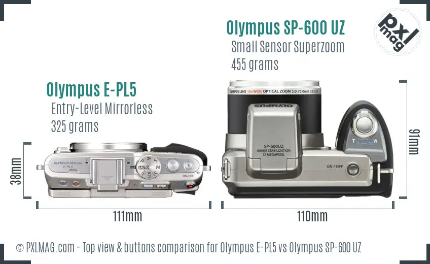 Olympus E-PL5 vs Olympus SP-600 UZ top view buttons comparison