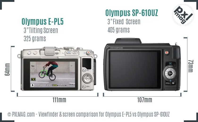 Olympus E-PL5 vs Olympus SP-610UZ Screen and Viewfinder comparison