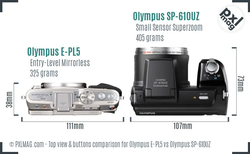Olympus E-PL5 vs Olympus SP-610UZ top view buttons comparison
