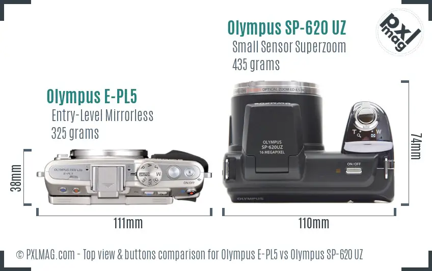 Olympus E-PL5 vs Olympus SP-620 UZ top view buttons comparison