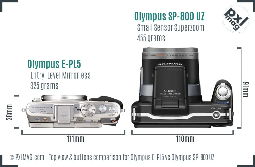 Olympus E-PL5 vs Olympus SP-800 UZ top view buttons comparison