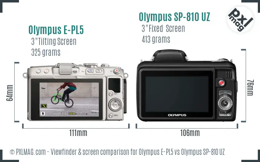 Olympus E-PL5 vs Olympus SP-810 UZ Screen and Viewfinder comparison