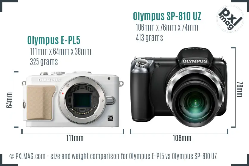 Olympus E-PL5 vs Olympus SP-810 UZ size comparison