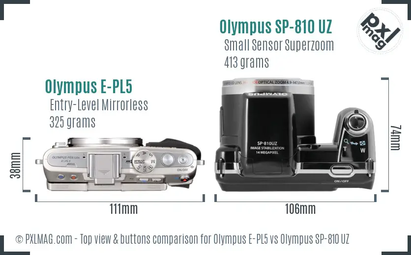 Olympus E-PL5 vs Olympus SP-810 UZ top view buttons comparison