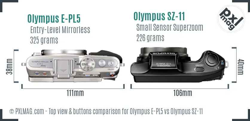 Olympus E-PL5 vs Olympus SZ-11 top view buttons comparison
