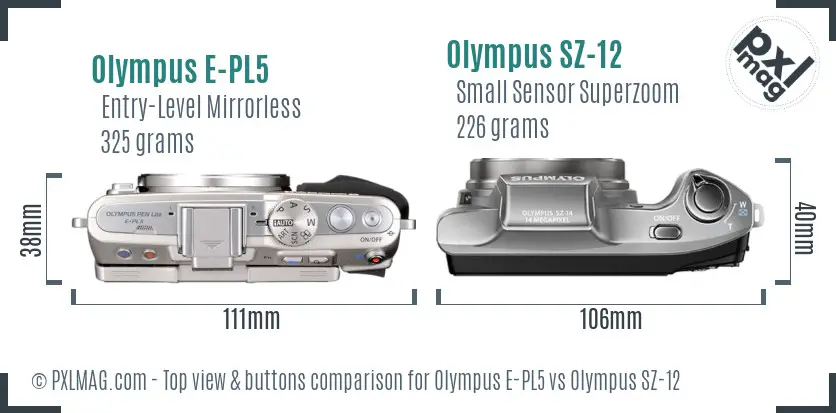 Olympus E-PL5 vs Olympus SZ-12 top view buttons comparison