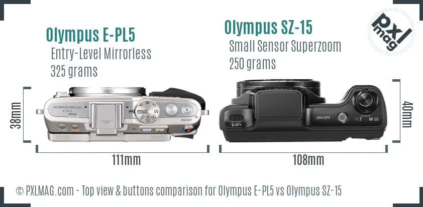 Olympus E-PL5 vs Olympus SZ-15 top view buttons comparison