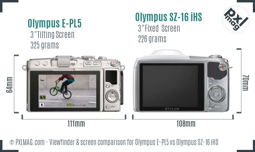 Olympus E-PL5 vs Olympus SZ-16 iHS Screen and Viewfinder comparison