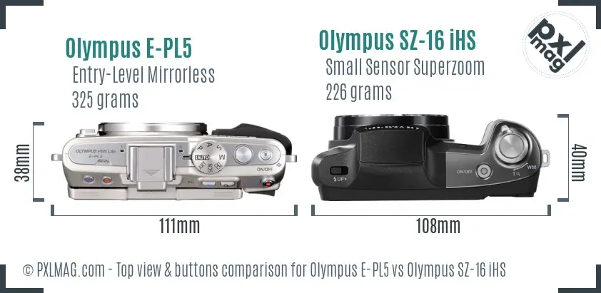 Olympus E-PL5 vs Olympus SZ-16 iHS top view buttons comparison