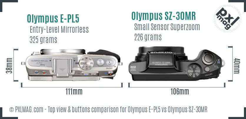 Olympus E-PL5 vs Olympus SZ-30MR top view buttons comparison