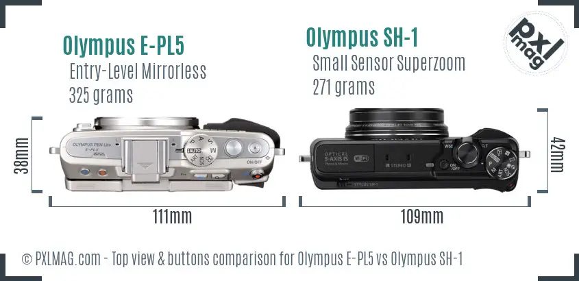 Olympus E-PL5 vs Olympus SH-1 top view buttons comparison