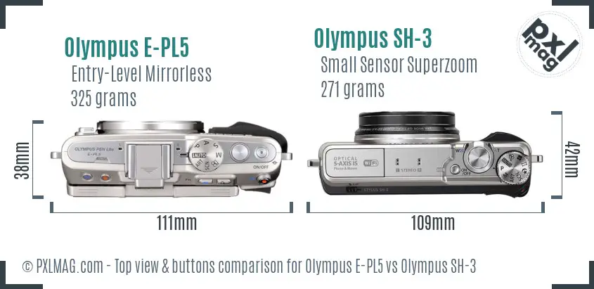Olympus E-PL5 vs Olympus SH-3 top view buttons comparison