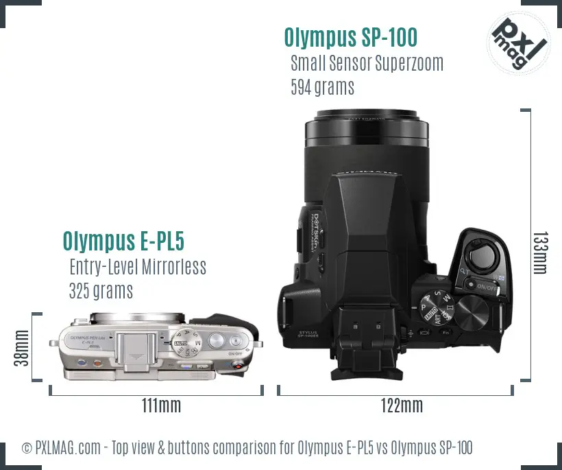Olympus E-PL5 vs Olympus SP-100 top view buttons comparison