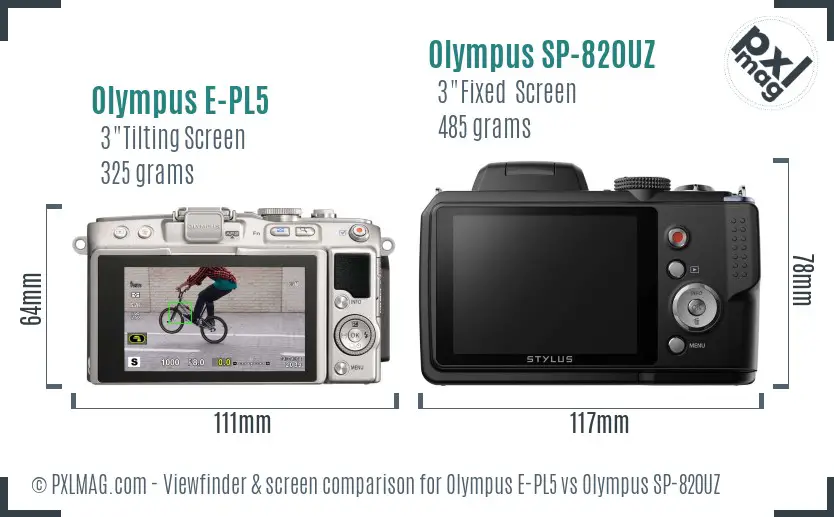 Olympus E-PL5 vs Olympus SP-820UZ Screen and Viewfinder comparison