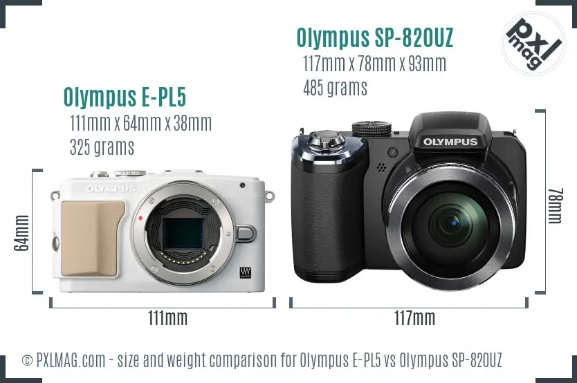 Olympus E-PL5 vs Olympus SP-820UZ size comparison