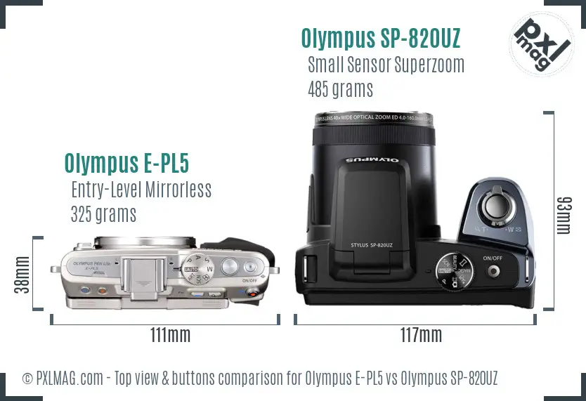 Olympus E-PL5 vs Olympus SP-820UZ top view buttons comparison