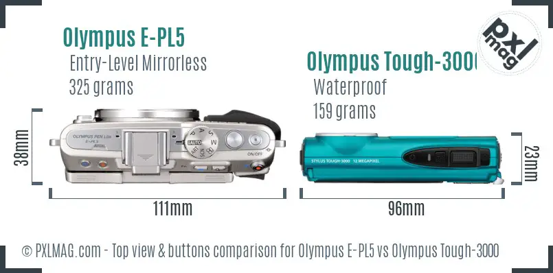 Olympus E-PL5 vs Olympus Tough-3000 top view buttons comparison
