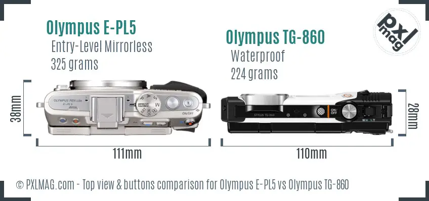 Olympus E-PL5 vs Olympus TG-860 top view buttons comparison