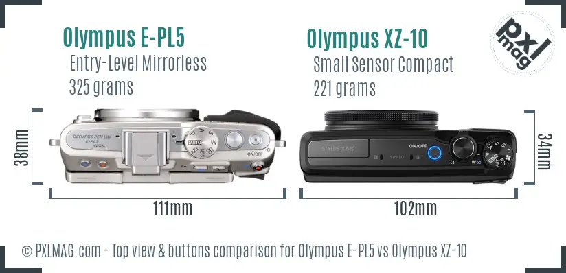 Olympus E-PL5 vs Olympus XZ-10 top view buttons comparison
