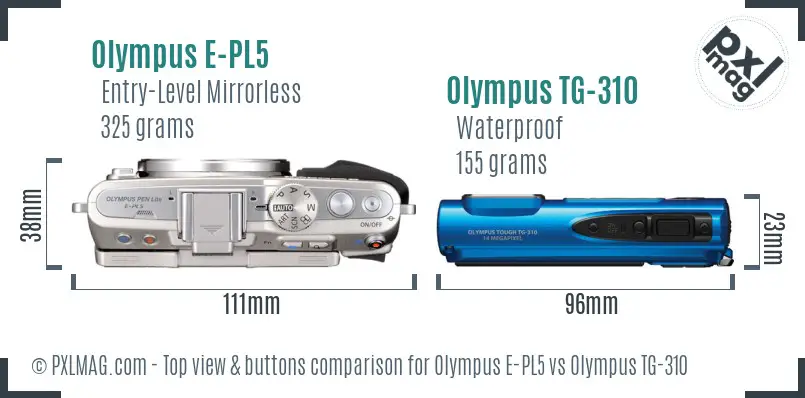 Olympus E-PL5 vs Olympus TG-310 top view buttons comparison