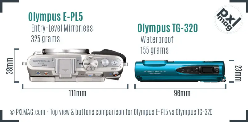 Olympus E-PL5 vs Olympus TG-320 top view buttons comparison