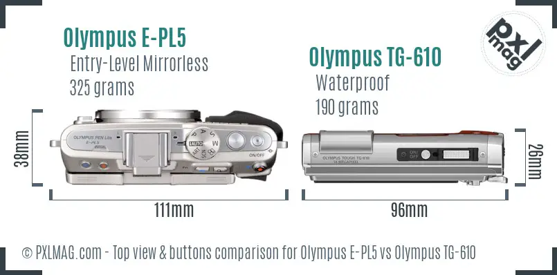 Olympus E-PL5 vs Olympus TG-610 top view buttons comparison