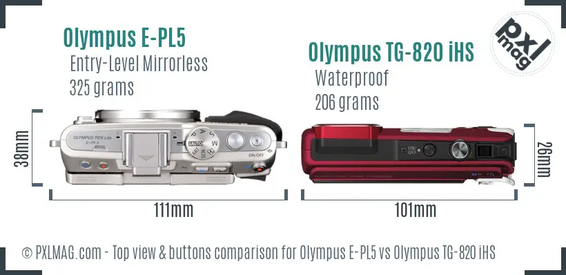 Olympus E-PL5 vs Olympus TG-820 iHS top view buttons comparison