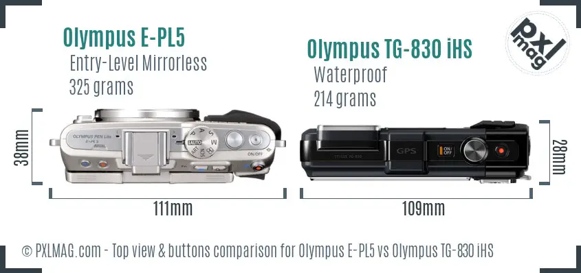 Olympus E-PL5 vs Olympus TG-830 iHS top view buttons comparison