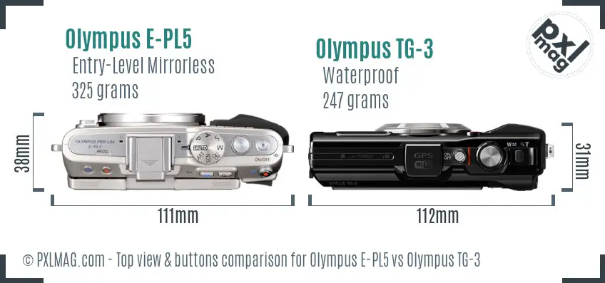 Olympus E-PL5 vs Olympus TG-3 top view buttons comparison