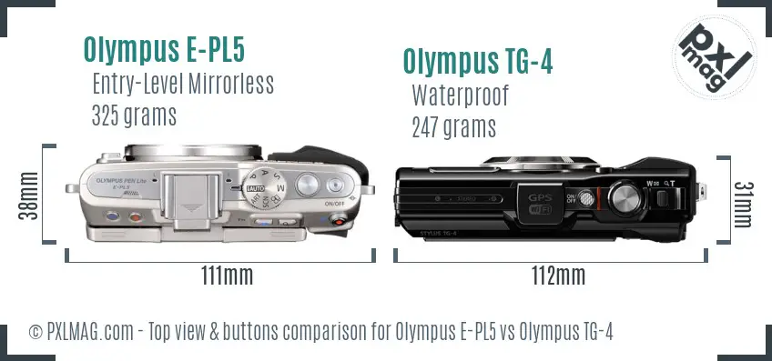 Olympus E-PL5 vs Olympus TG-4 top view buttons comparison